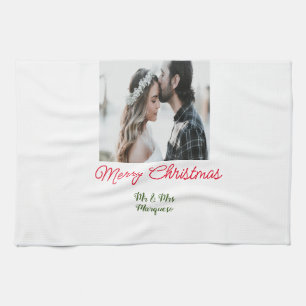 Merry Christmas couple photo add name happy holida Tea Towel