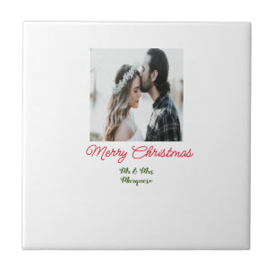 Merry Christmas couple photo add name happy holida Tile