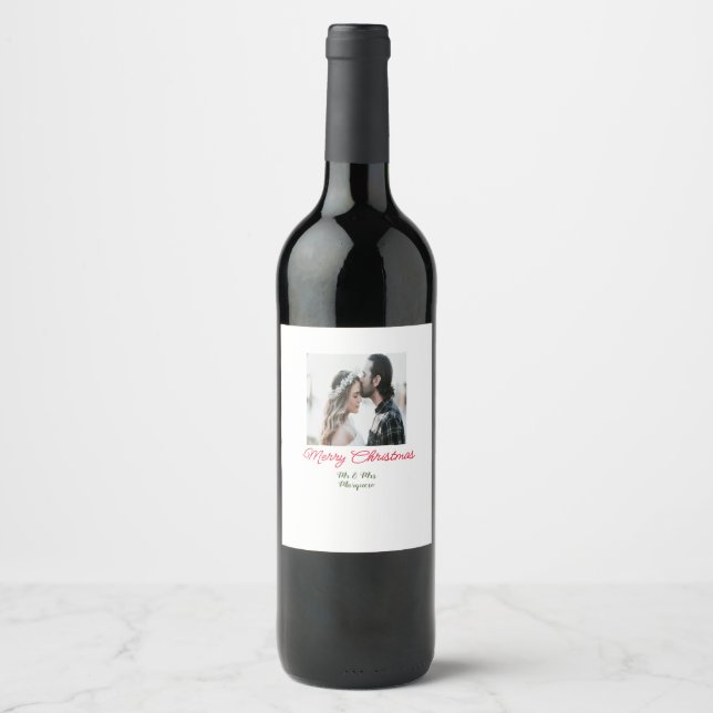 Merry Christmas couple photo add name happy holida Wine Label (Front)