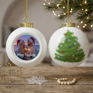 Merry Christmas Couple Photo Greeting Ceramic Ball Christmas Ornament