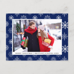 Merry Christmas Couple Photo Snowflakes Blue Holiday Postcard