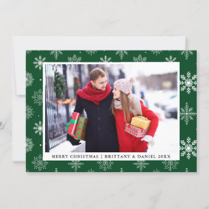 Merry Christmas Couple Photo Snowflakes Card Green