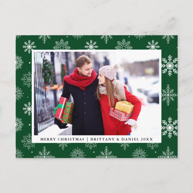 Merry Christmas Couple Photo Snowflakes Green Holiday Postcard (Front)