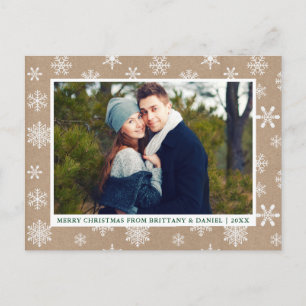 Merry Christmas Couple Photo Snowflakes Kraft Postcard