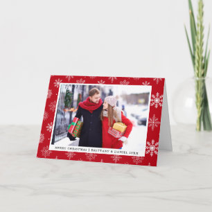 Merry Christmas Couple Photo Snowflakes Red Holiday Card