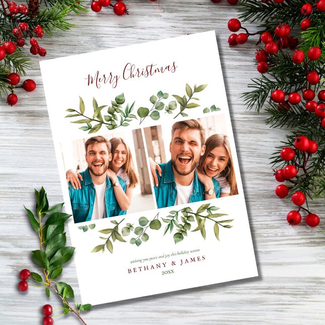 Merry Christmas Couples Photos Modern Greenery Holiday Card (Creator Uploaded)
