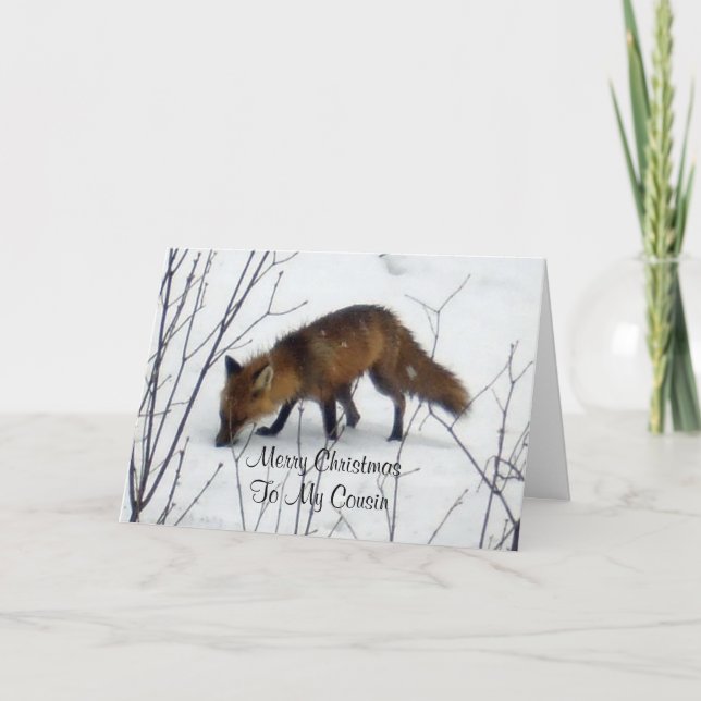 Merry Christmas Cousin-Fox in Snow Holiday Card (Front)