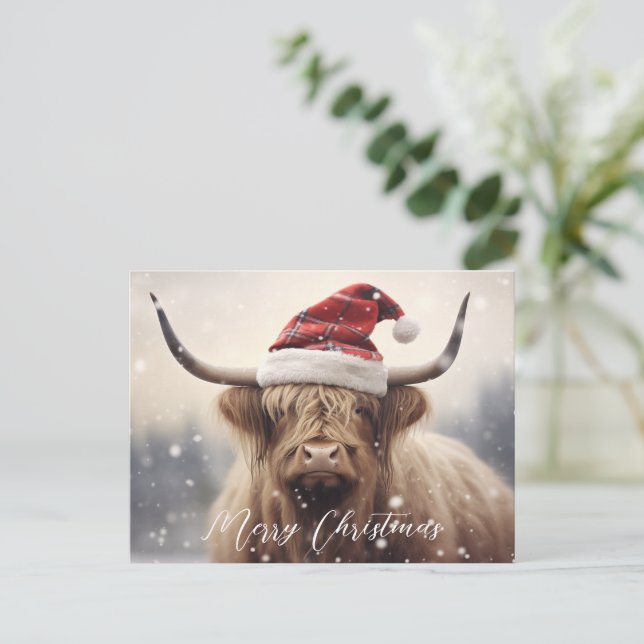 Merry Christmas Cow in a Santa Hat Budget Holiday Postcard (Standing Front)