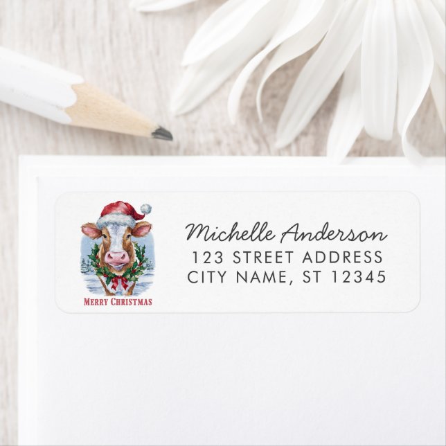 Merry Christmas Cow in Santa Hat Return Address    (Insitu)