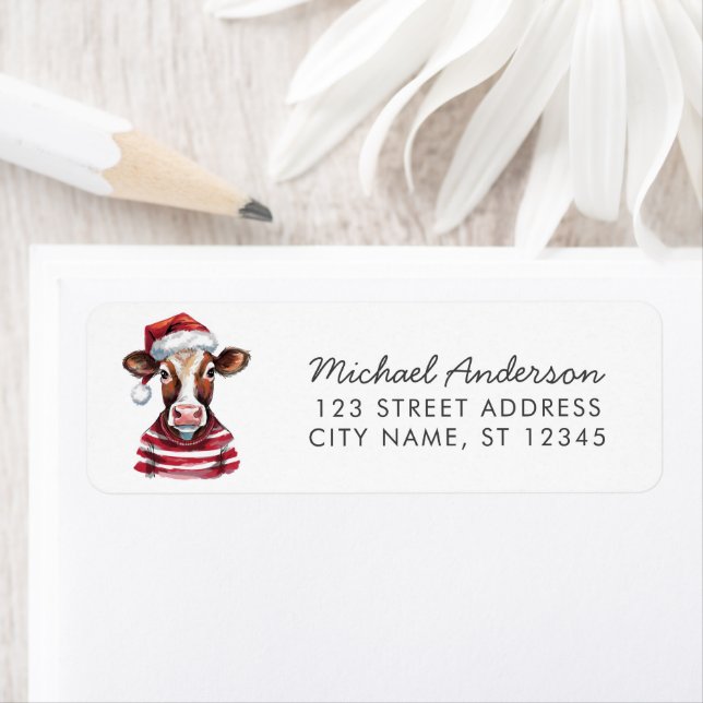 Merry Christmas Cow in Santa Hat Return Address    (Insitu)