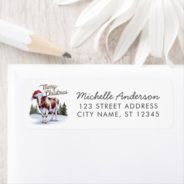 Merry Christmas Cow in Santa Hat Return Address    (Insitu)