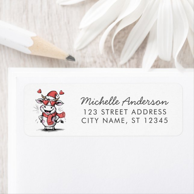 Merry Christmas Cow in Santa Hat Return Address    (Insitu)