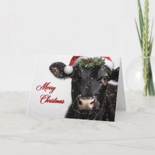 Merry Christmas Cow in Santa Hat Rustic Farmhouse Holiday Card