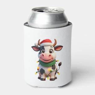 Merry Christmas Cow Santa Christmas Lights Cow Xma Can Cooler