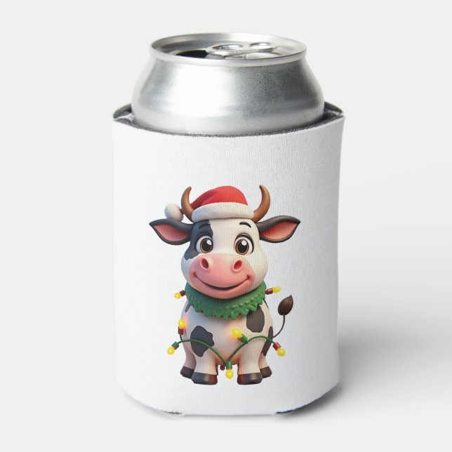 Merry Christmas Cow Santa Christmas Lights Cow Xma Can Cooler (Can Front)
