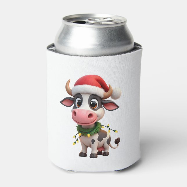 Merry Christmas Cow Santa Christmas Lights Cow Xma Can Cooler (Can Front)