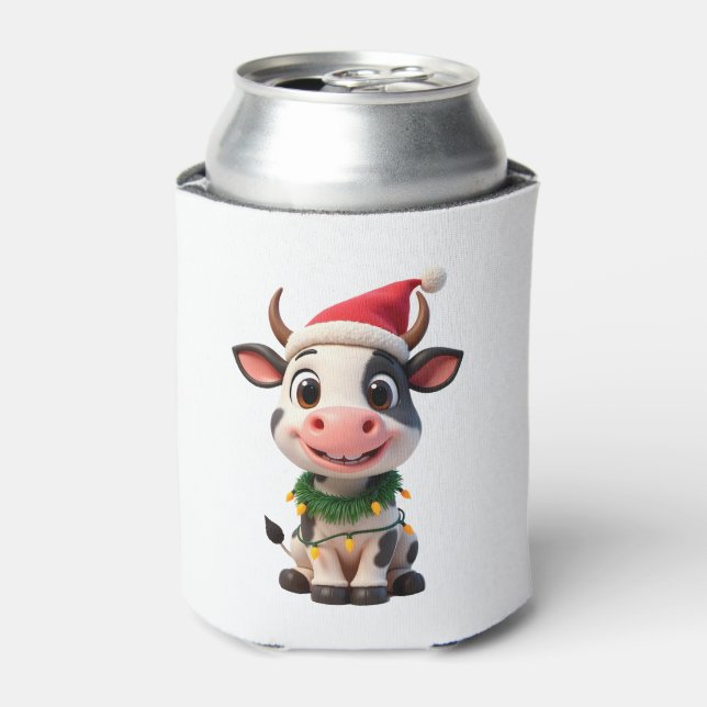 Merry Christmas Cow Santa Christmas Lights Cow Xma Can Cooler (Can Front)