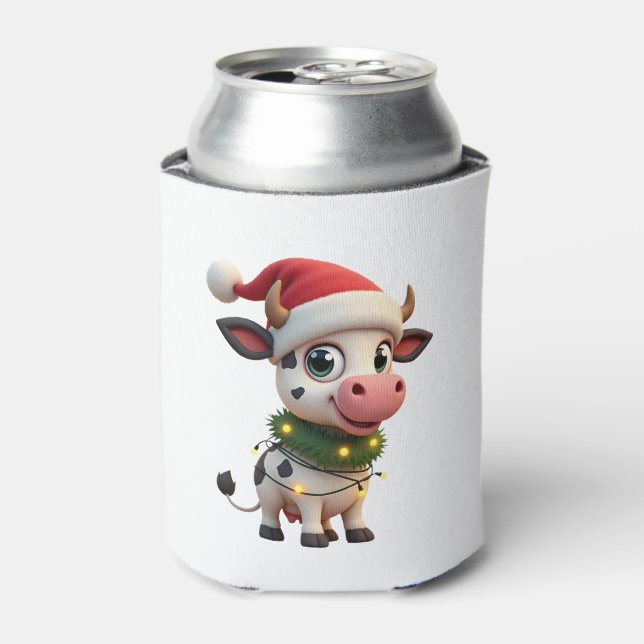 Merry Christmas Cow Santa Christmas Lights Cow Xma Can Cooler (Can Front)