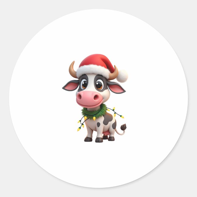 Merry Christmas Cow Santa Christmas Lights Cow Xma Classic Round Sticker (Front)