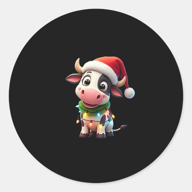 Merry Christmas Cow Santa Christmas Lights Cow Xma Classic Round Sticker (Front)