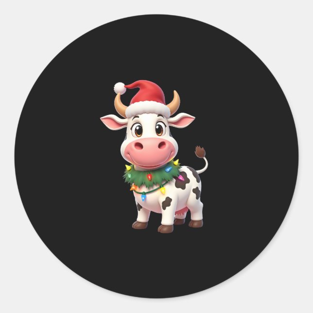 Merry Christmas Cow Santa Christmas Lights Cow Xma Classic Round Sticker (Front)