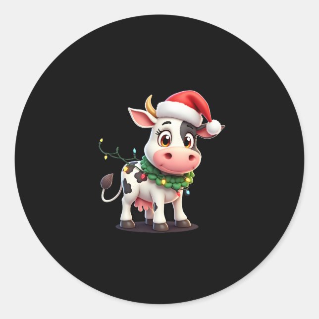 Merry Christmas Cow Santa Christmas Lights Cow Xma Classic Round Sticker (Front)