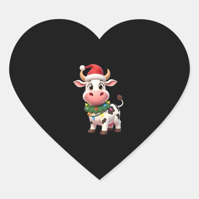 Merry Christmas Cow Santa Christmas Lights Cow Xma Heart Sticker (Front)