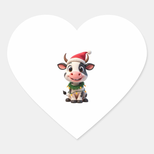 Merry Christmas Cow Santa Christmas Lights Cow Xma Heart Sticker (Front)