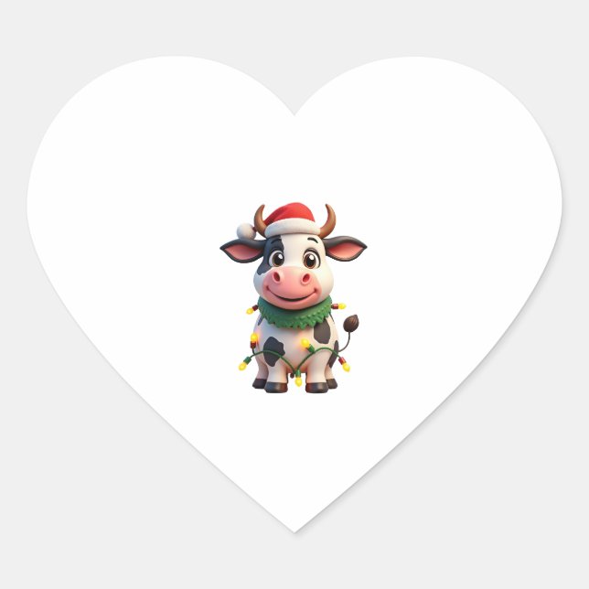 Merry Christmas Cow Santa Christmas Lights Cow Xma Heart Sticker (Front)