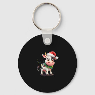 Merry Christmas Cow Santa Christmas Lights Cow Xma Key Ring
