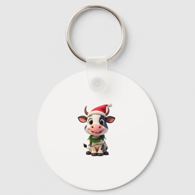 Merry Christmas Cow Santa Christmas Lights Cow Xma Key Ring (Front)