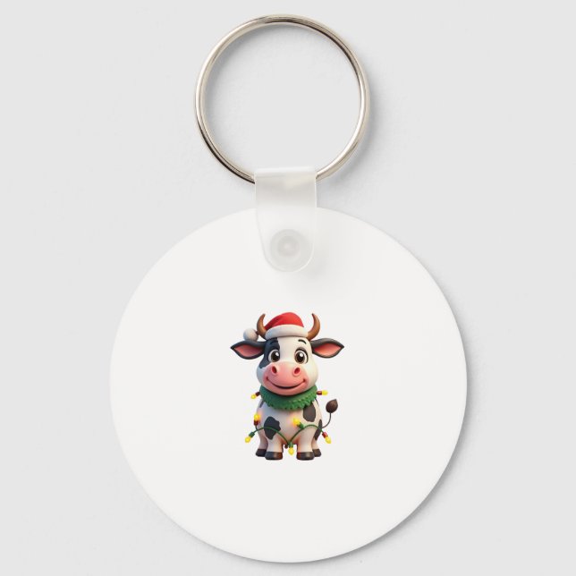Merry Christmas Cow Santa Christmas Lights Cow Xma Key Ring (Front)