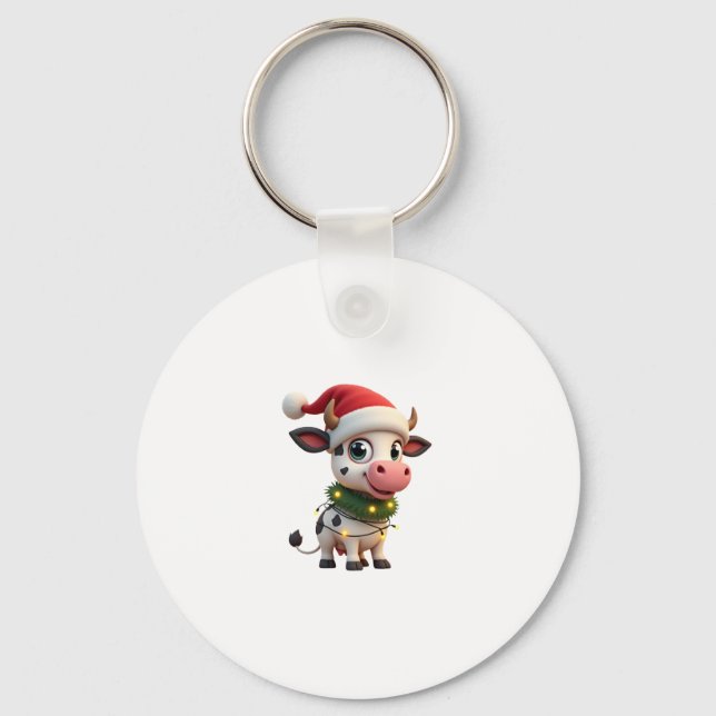 Merry Christmas Cow Santa Christmas Lights Cow Xma Key Ring (Front)