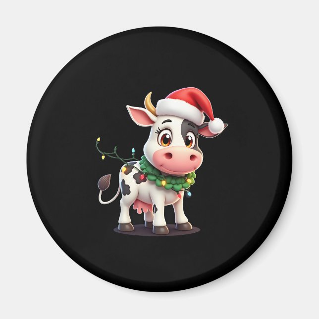 Merry Christmas Cow Santa Christmas Lights Cow Xma Magnet (Front)