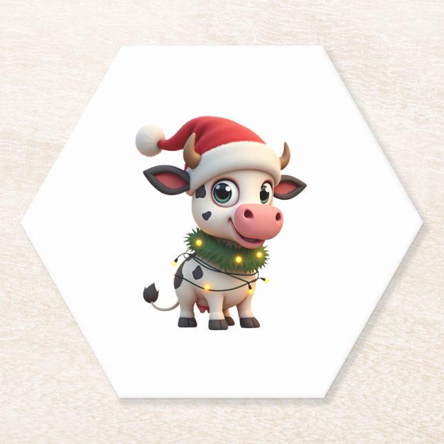 Merry Christmas Cow Santa Christmas Lights Cow Xma Paper Coaster (Front)