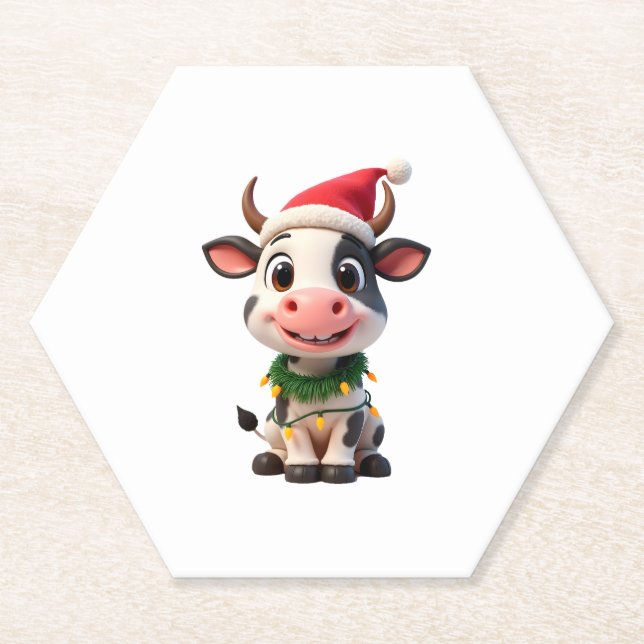 Merry Christmas Cow Santa Christmas Lights Cow Xma Paper Coaster (Front)