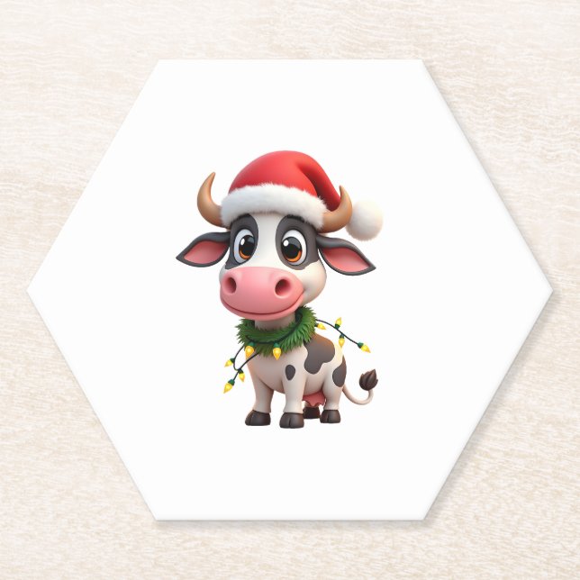 Merry Christmas Cow Santa Christmas Lights Cow Xma Paper Coaster (Front)