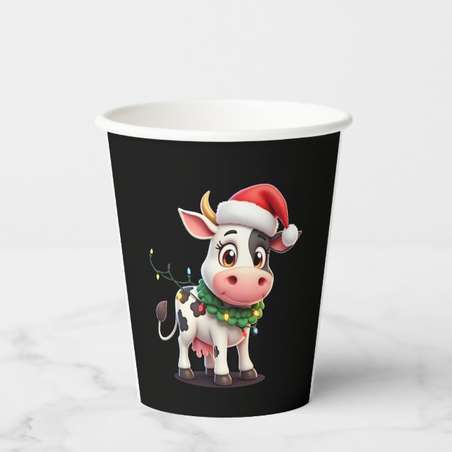 Merry Christmas Cow Santa Christmas Lights Cow Xma Paper Cups (Front)