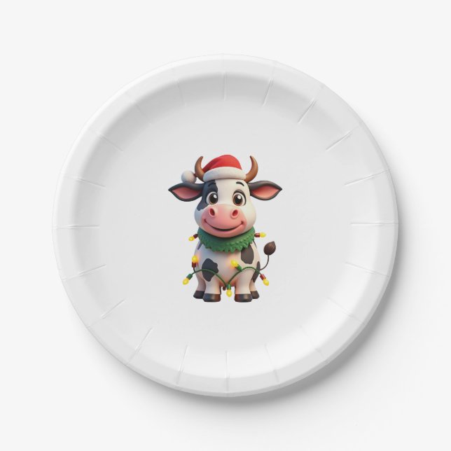 Merry Christmas Cow Santa Christmas Lights Cow Xma Paper Plate (Front)