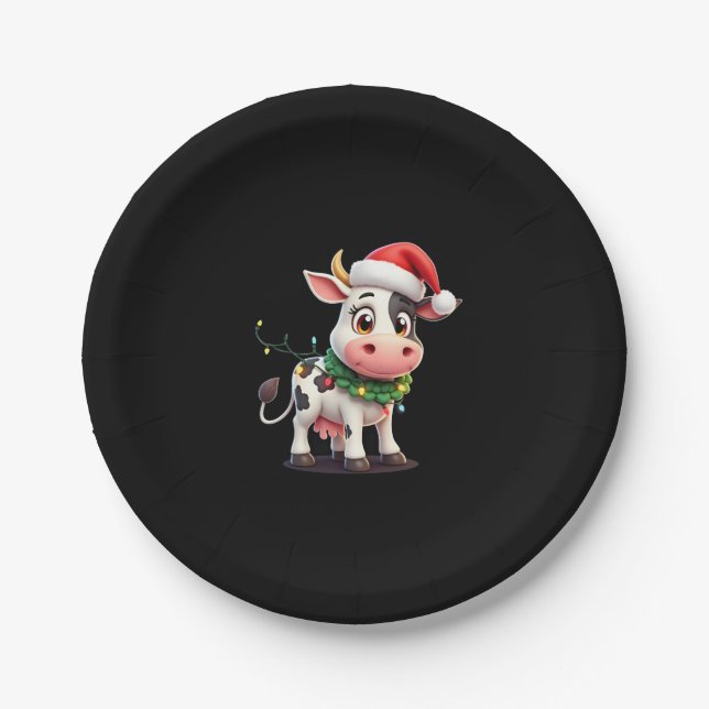 Merry Christmas Cow Santa Christmas Lights Cow Xma Paper Plate (Front)