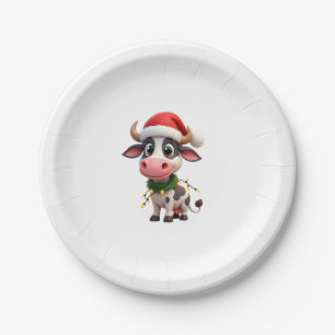 Merry Christmas Cow Santa Christmas Lights Cow Xma Paper Plate