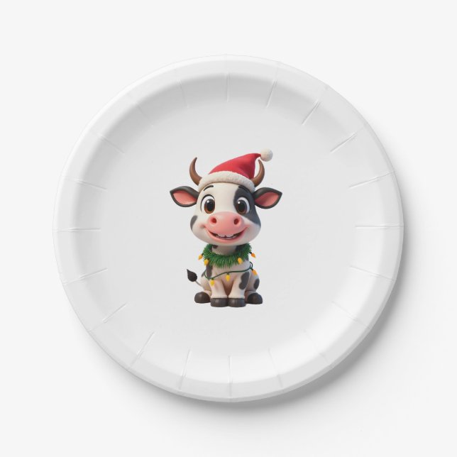 Merry Christmas Cow Santa Christmas Lights Cow Xma Paper Plate (Front)