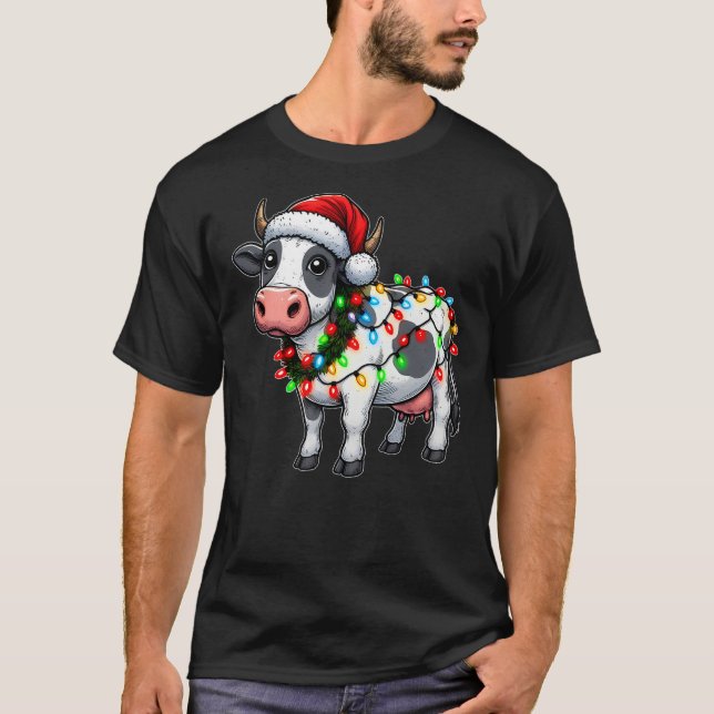 Merry Christmas Cow Santa Christmas Lights Cow Xma T-Shirt (Front)