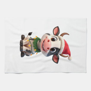 Merry Christmas Cow Santa Christmas Lights Cow Xma Tea Towel