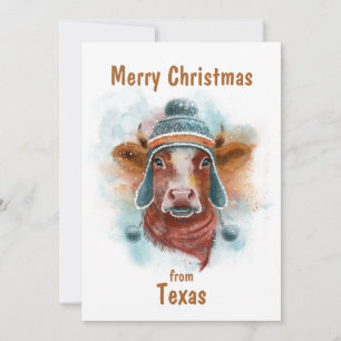 Merry Christmas Cow With Toboggan Holiday Card