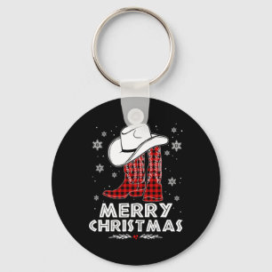 Merry Christmas Cowboy Boots Red Buffalo Plaid Wes Key Ring