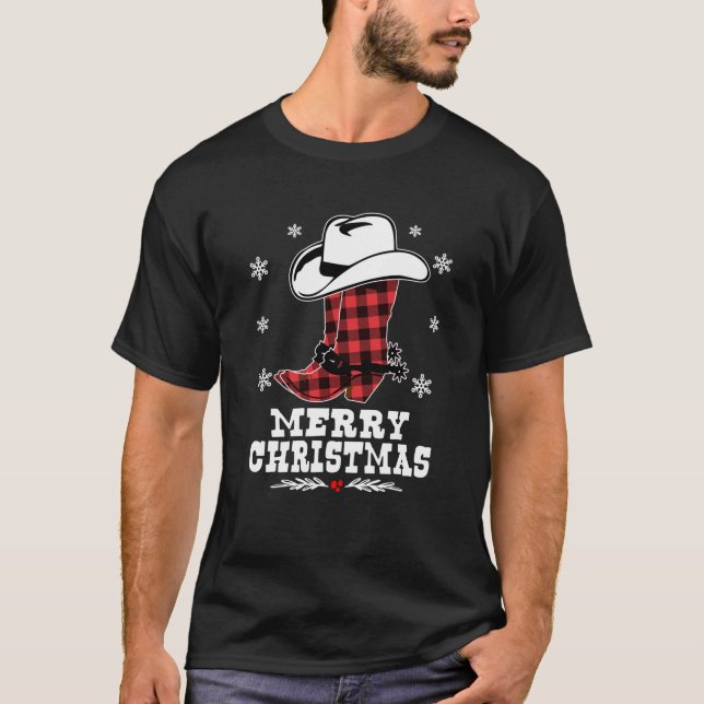 Merry Christmas Cowboy Boots Red Buffalo Plaid Wes T-Shirt (Front)