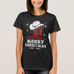 Merry Christmas Cowboy Boots Red Buffalo Plaid Wes T-Shirt