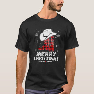 Merry Christmas Cowboy Boots Red Buffalo Plaid Wes T-Shirt