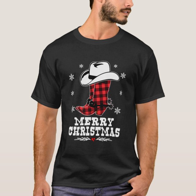 Merry Christmas Cowboy Boots Red Buffalo Plaid Xma T-Shirt (Front)